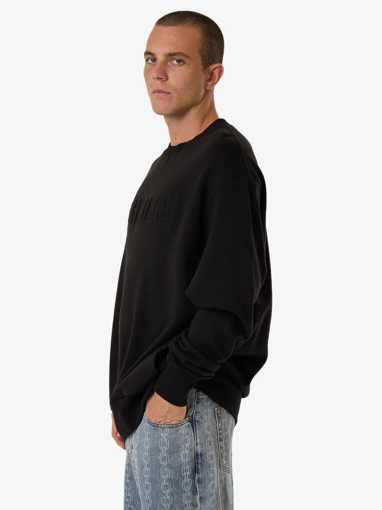 Roosevelt Emboss Oversize Crew Fleece - Black