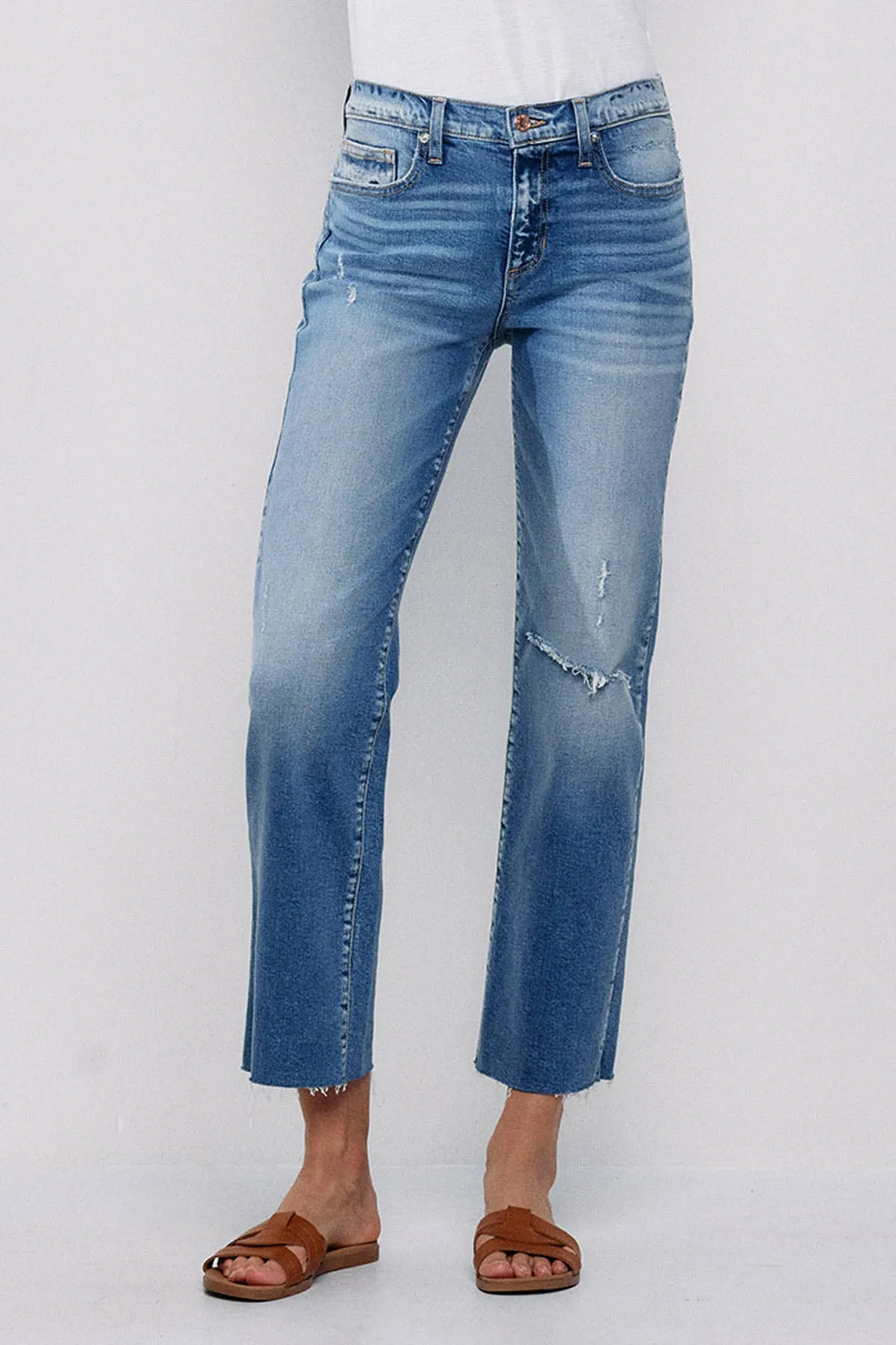 SNEAKPEEK MID RISE STRAIGHT JEANS WITH KNEE RIPS