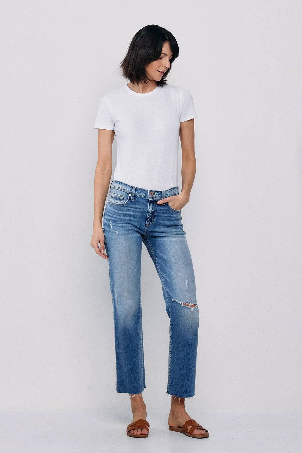 SNEAKPEEK MID RISE STRAIGHT JEANS WITH KNEE RIPS