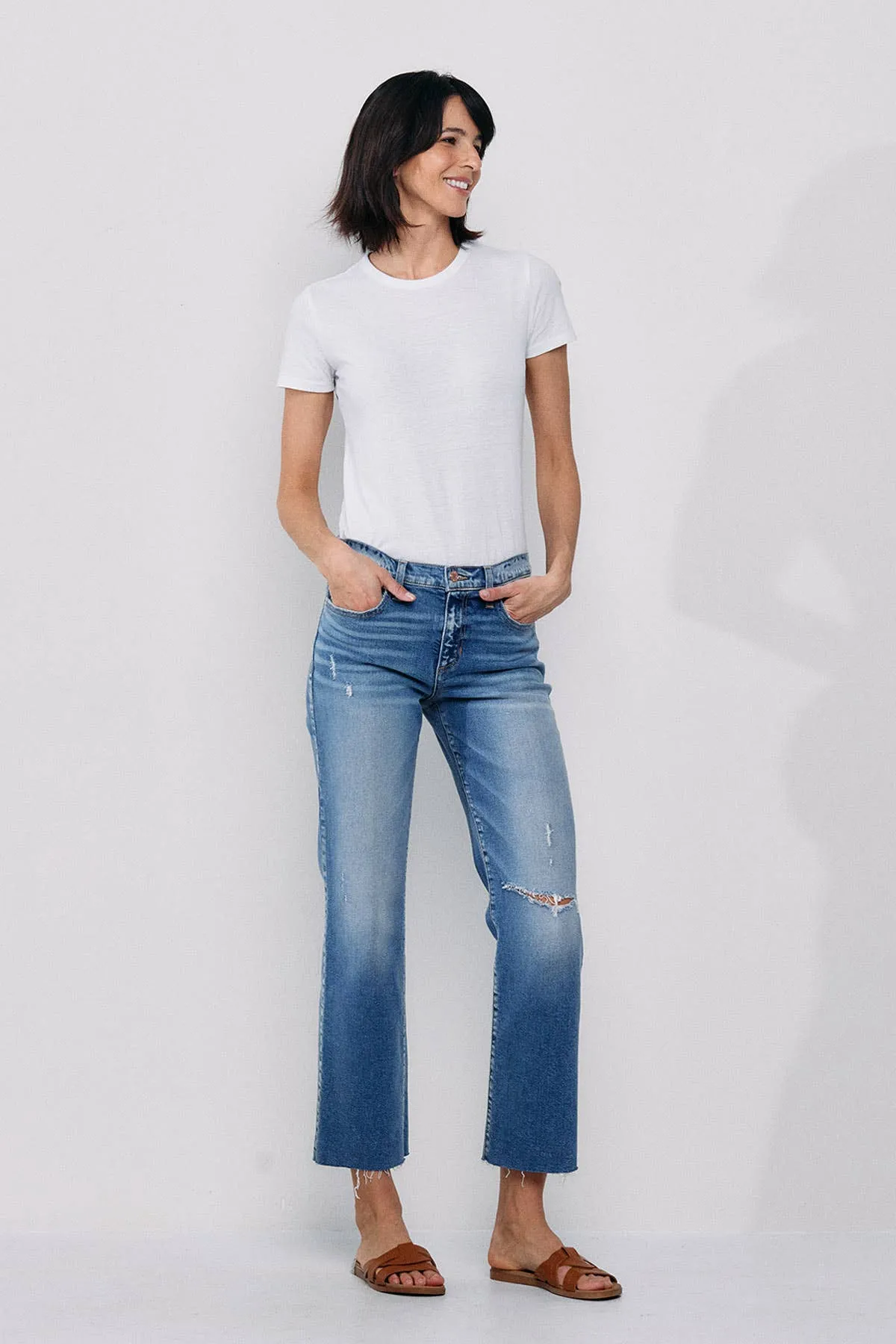 SNEAKPEEK MID RISE STRAIGHT JEANS WITH KNEE RIPS