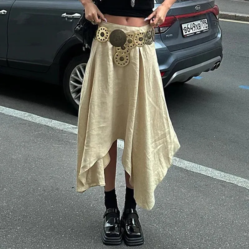 Streetwear Chic Draped Maxi Skirt Ladies Solid Design Irregular Hem Midi Skirts Party Fashion Elegant Boho Holidays