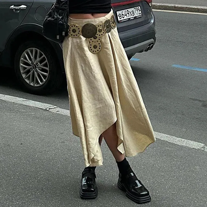 Streetwear Chic Draped Maxi Skirt Ladies Solid Design Irregular Hem Midi Skirts Party Fashion Elegant Boho Holidays