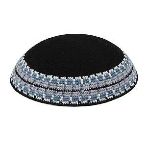 Supreme Quality DMC Knitted Kippot - Classic Black  Blue