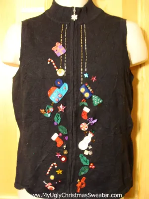 Tacky Ugly Christmas Sweater Vest Thin Knit with Tumbling Decorations  (f354)