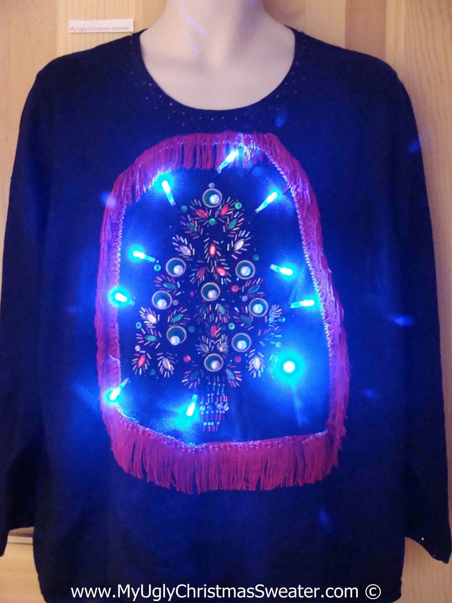 Tacky Xmas Sweater with Lights Huge Bling Tree with Fringe (g167)