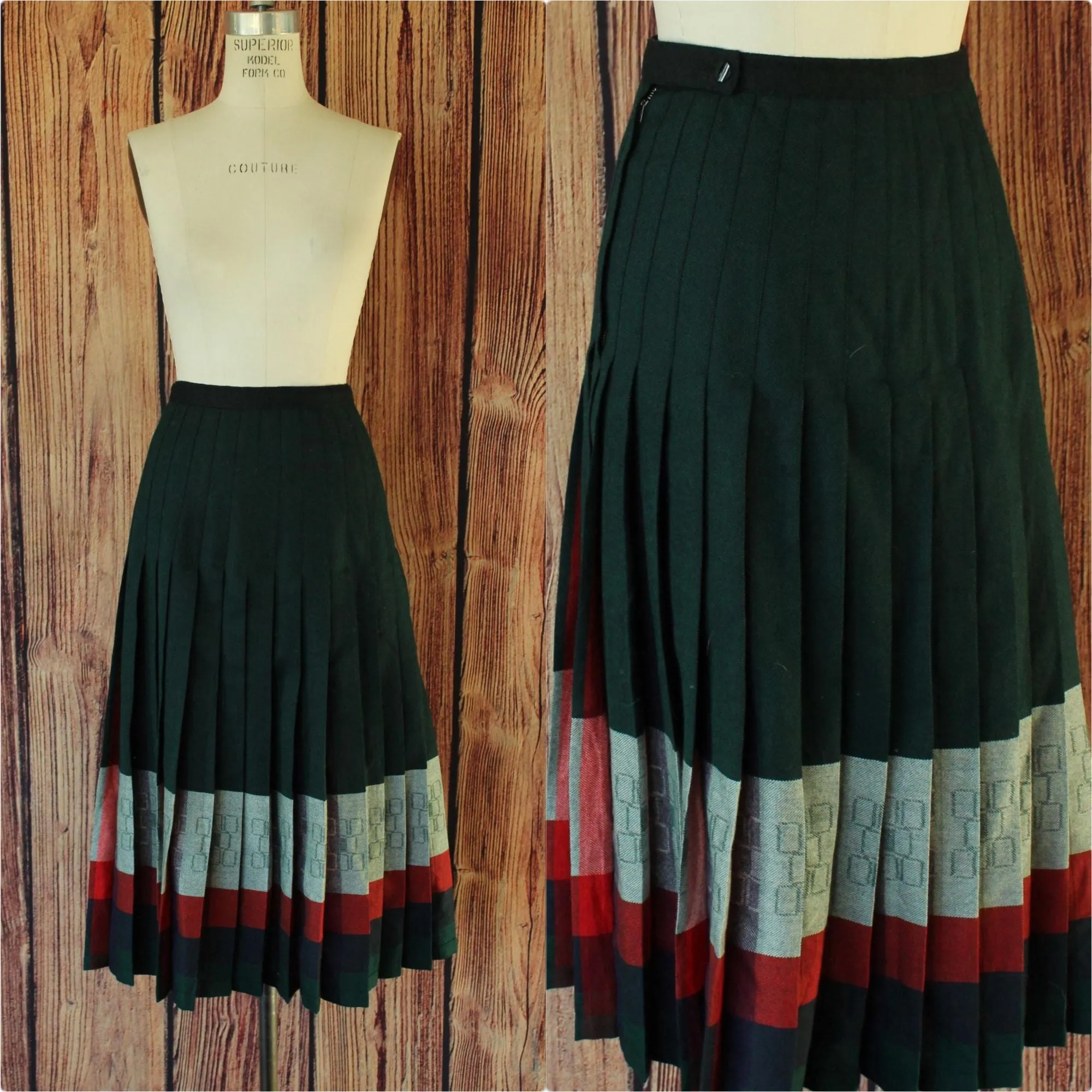 Vintage 1980s 1990 Wool Skirt, Volup Green Blue and Red Stripes and Plaid, Pleated, Woolmark