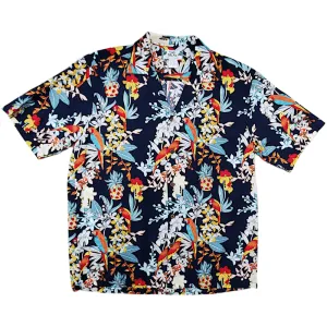 Vintage Inspired Birds & Pineapple Hawaiian Aloha Shirt | Navy